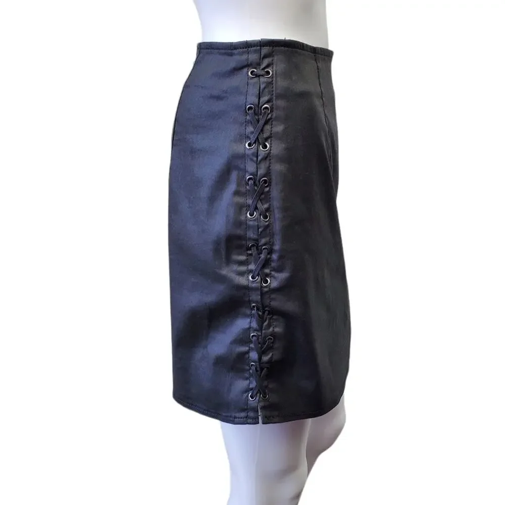 French Connection Skirt Coated Denim Lace Up Party Date Night Sexy Holiday Goth